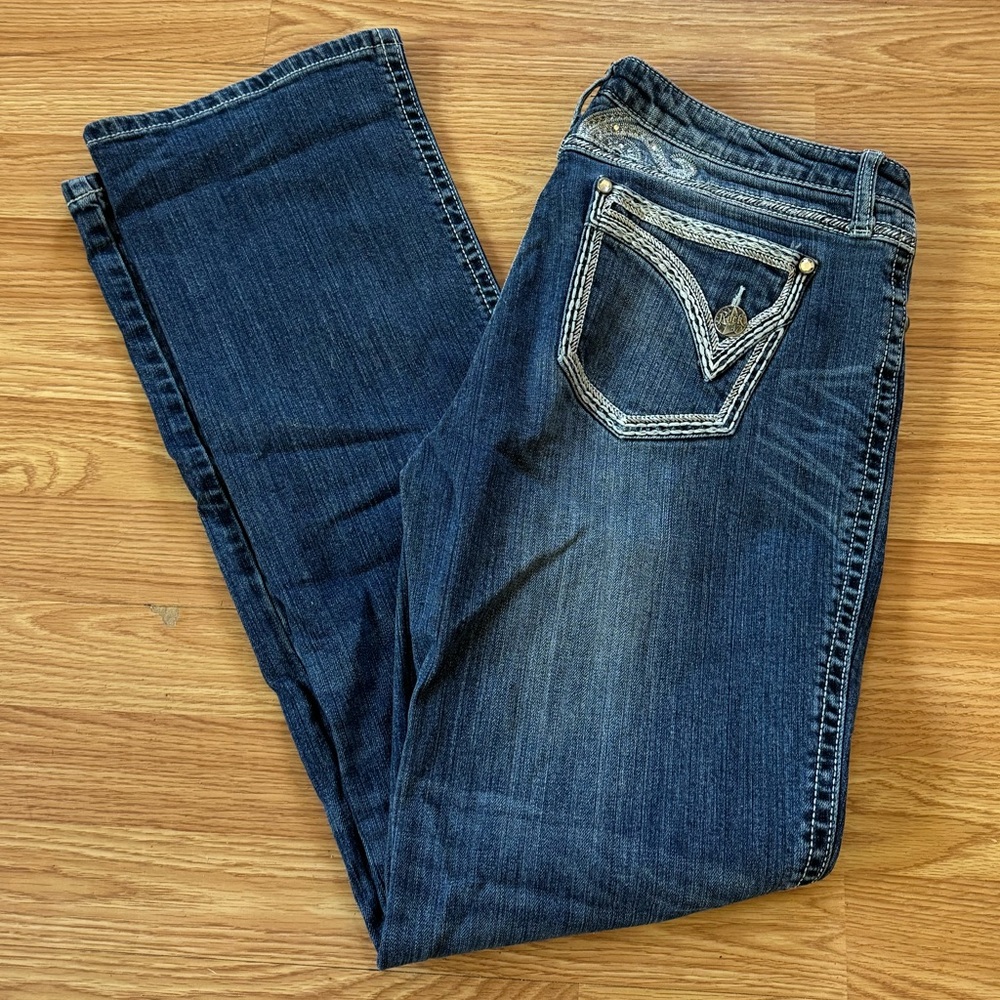 Rock 47 Wrangler women's jeans embellished embroidered silver detail, sz 13 / 14